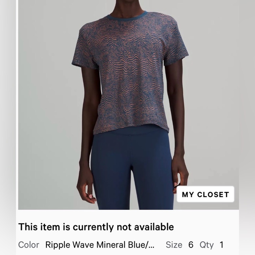 Lululemon Train to be short sleeve shirt. Ripple wave mineral blue/orange 6